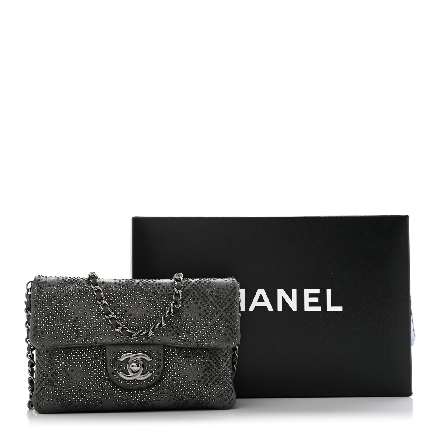 Iridescent Calfskin Crystal Mini Flap Crossbody Bag Gris Fonce