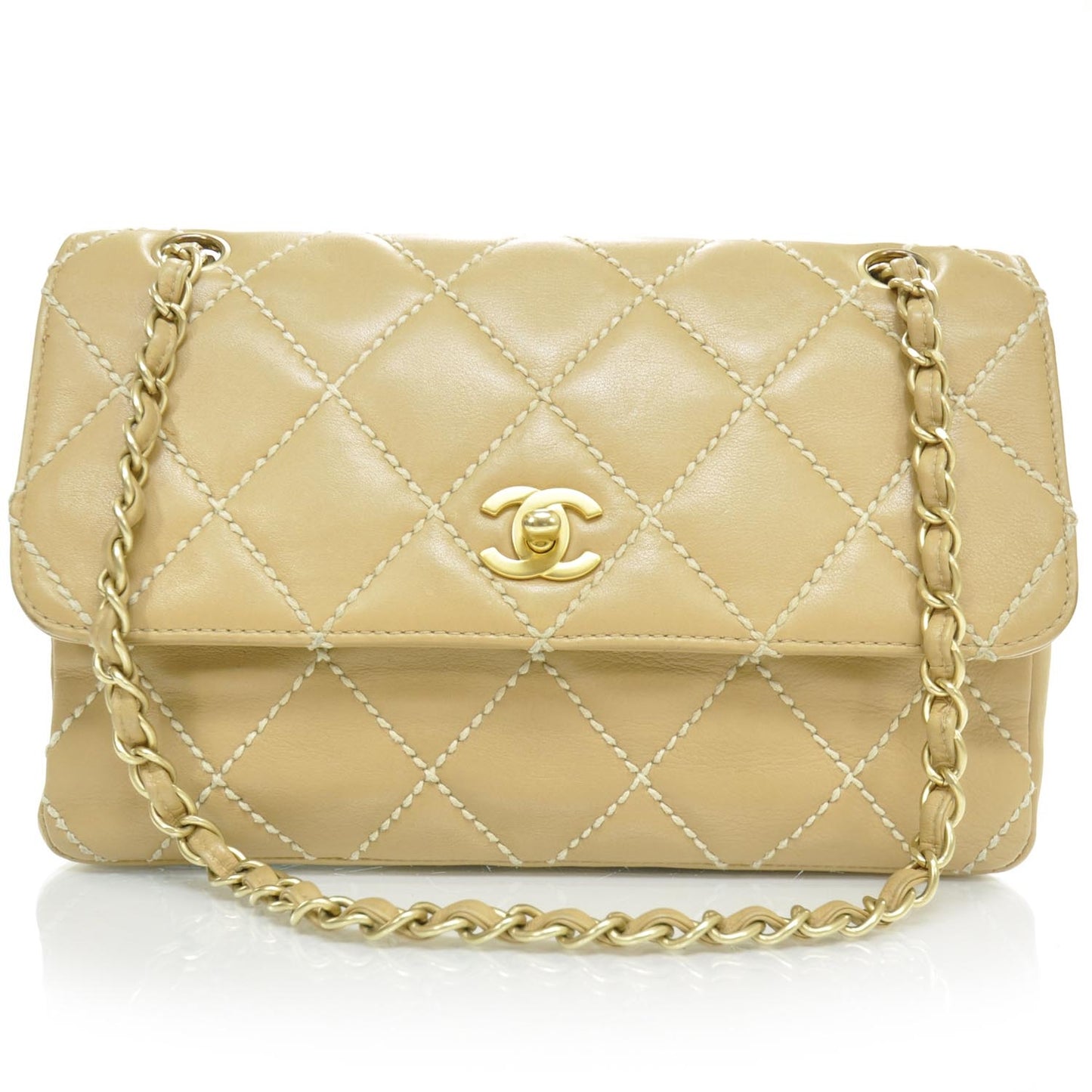 Leather Quilted Surpique Flap Beige