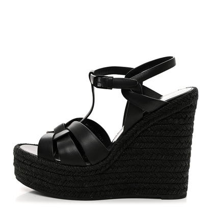 Saint Laurent Calfskin Tribute 95 Platform Espadrille Wedge Sandals 39.5 Black 1 of 7