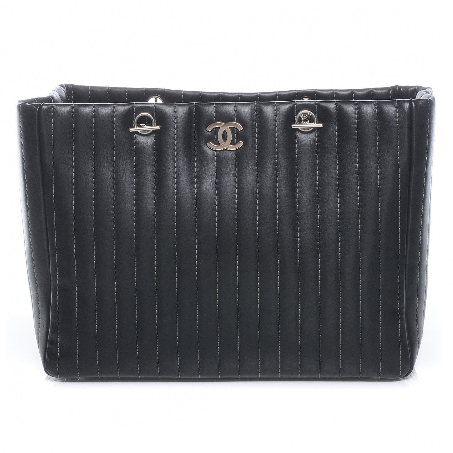Lambskin Vertical Quilted Large Mademoiselle Tote Black