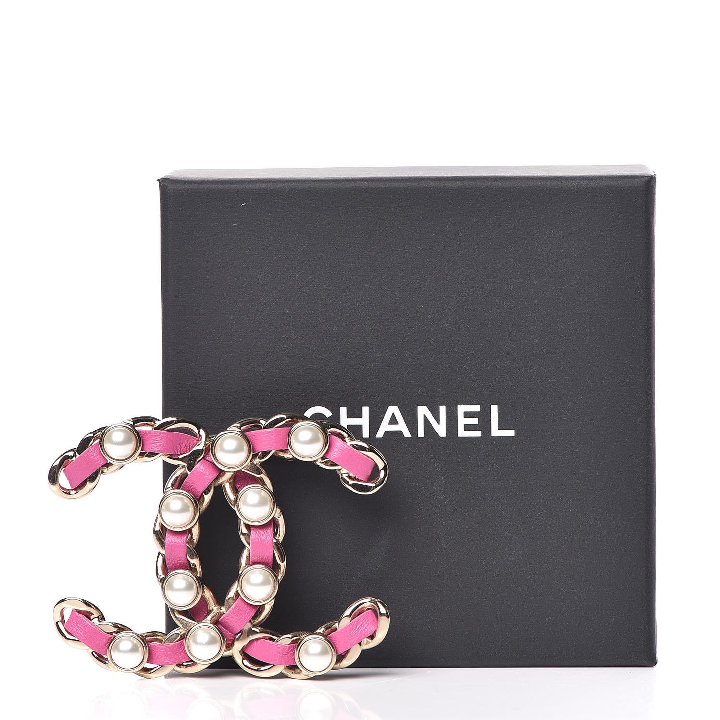Lambskin Pearl Chain CC Brooch Pink Gold