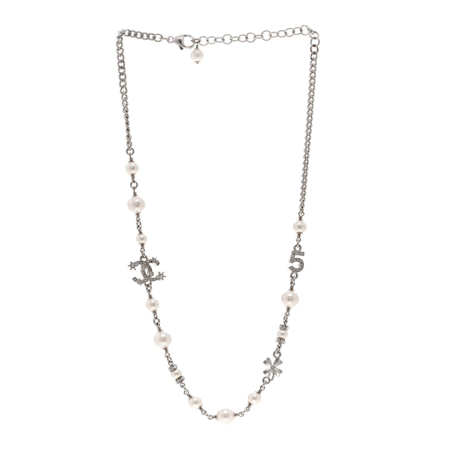 Crystal Pearl Star 5 CC Necklace Silver