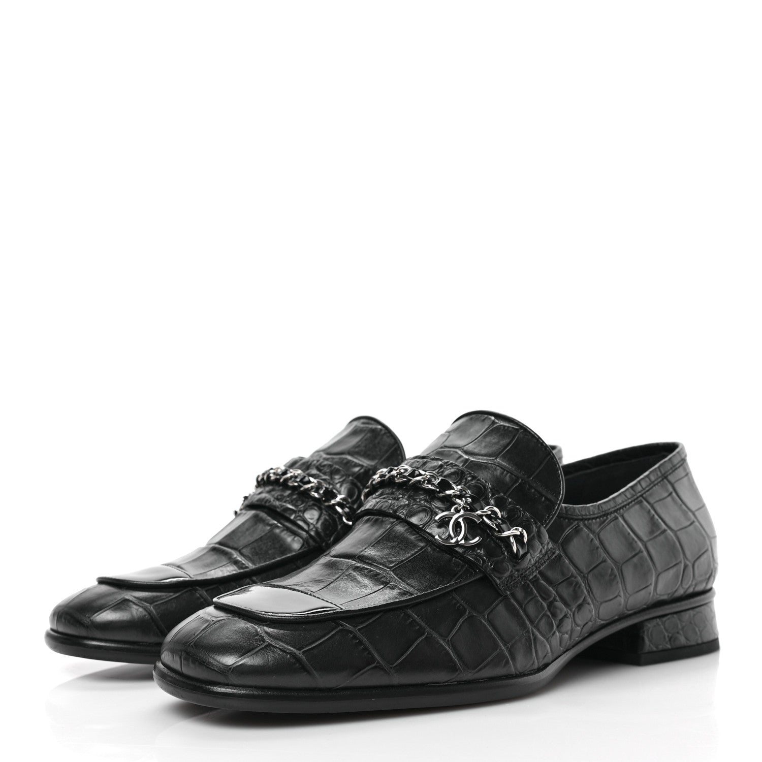 Chanel Calfskin Crocodile Embossed Low Heel CC Chain Mocassin Loafers 38 Navy Black 3 of 8