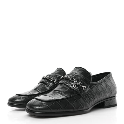 Chanel Calfskin Crocodile Embossed Low Heel CC Chain Mocassin Loafers 38 Navy Black 3 of 8