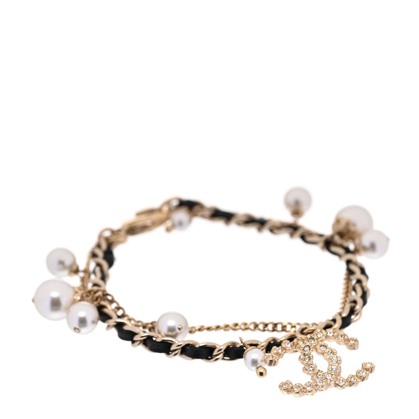 Lambskin Pearl Crystal Chain CC Bracelet Black Gold