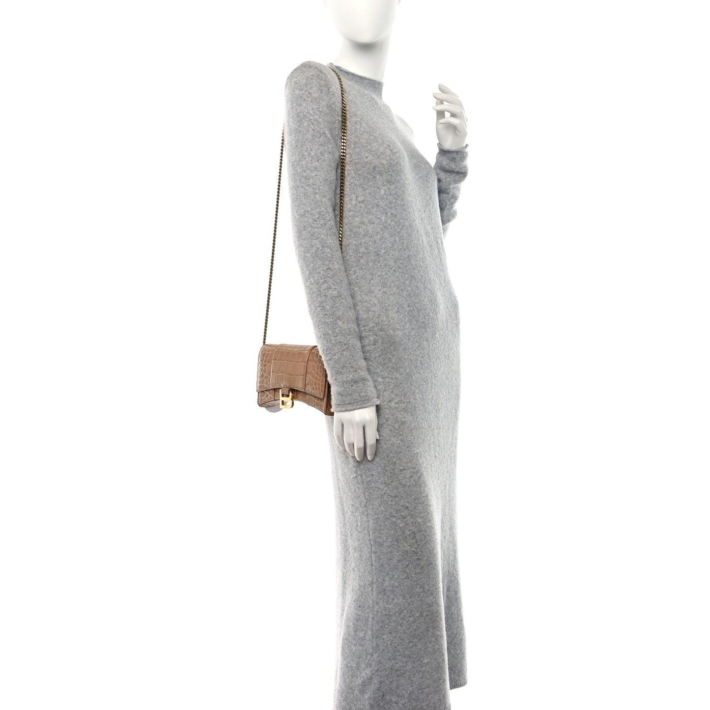 Shiny Calfskin Crocodile Embossed Hourglass Chain Bag Nude Beige