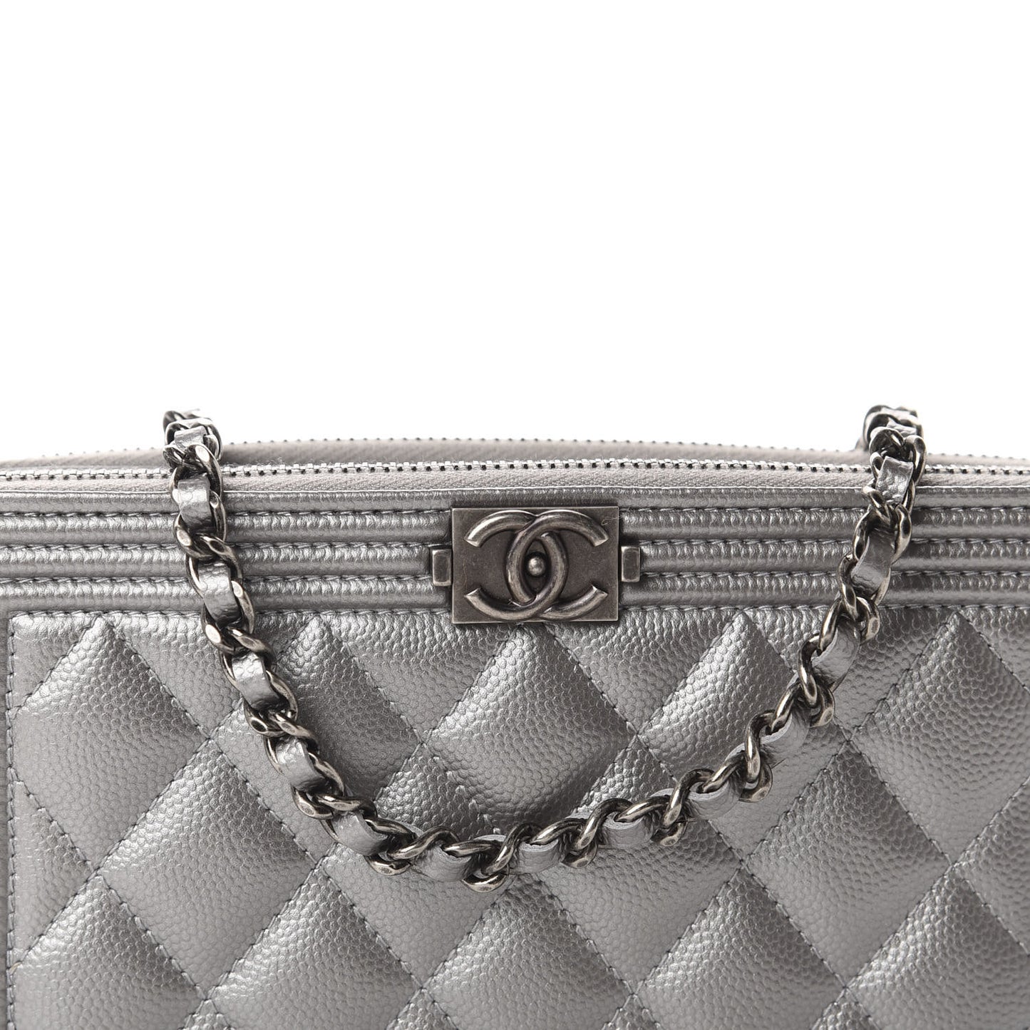Metallic Caviar Quilted Small Boy Clutch With Chain Silver
