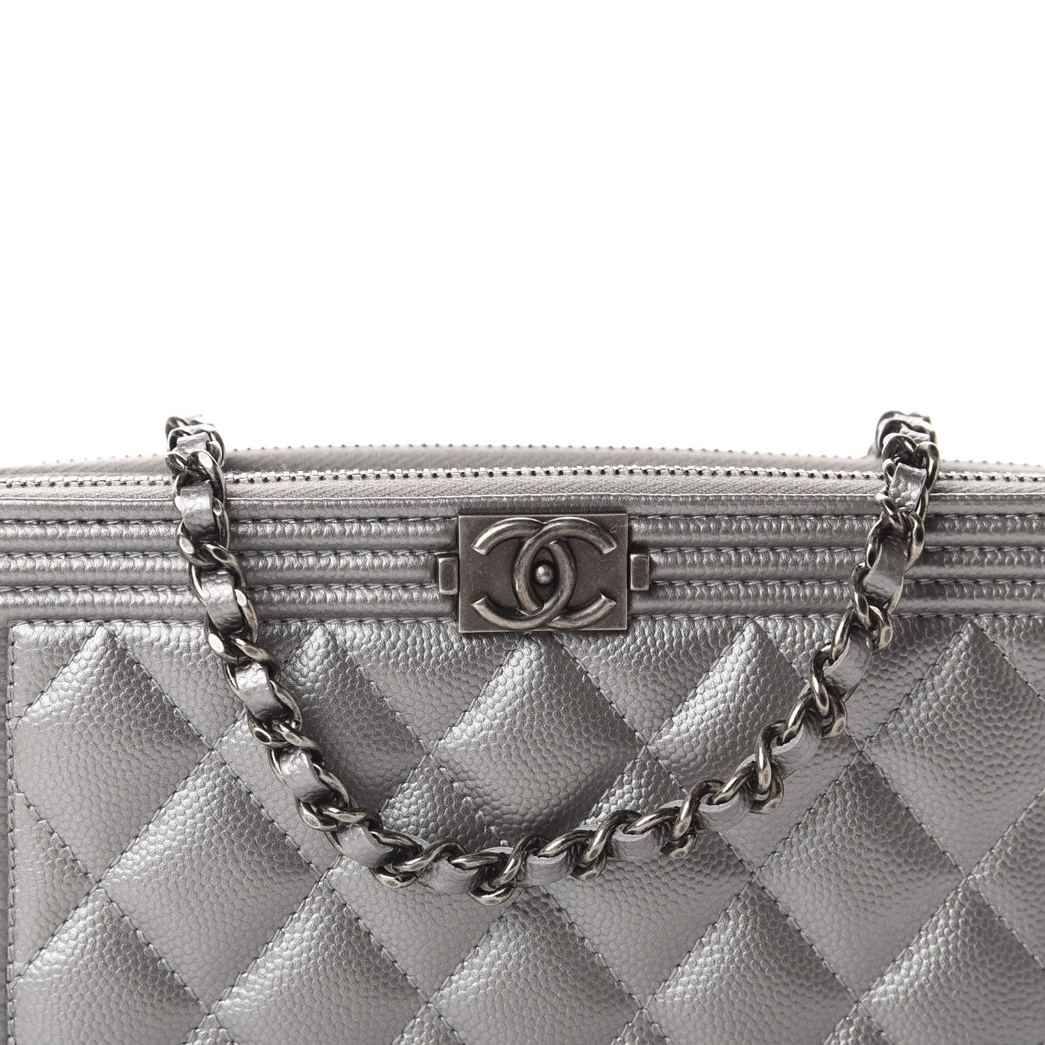 Chanel Metallic Caviar Quilted Small Boy Clutch With Chain Silver 11 of 12