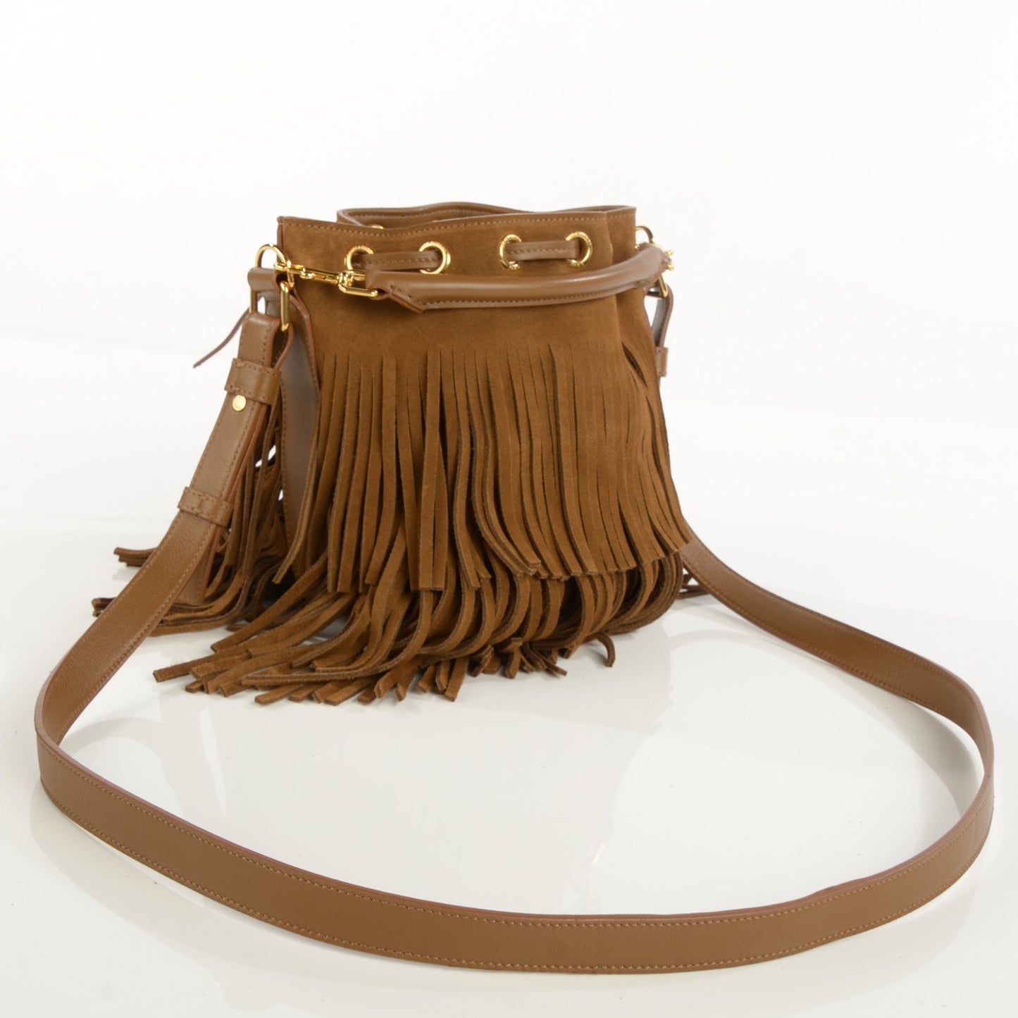 Suede Calfskin Small Emmanuelle Fringe Bucket Bag Ocher