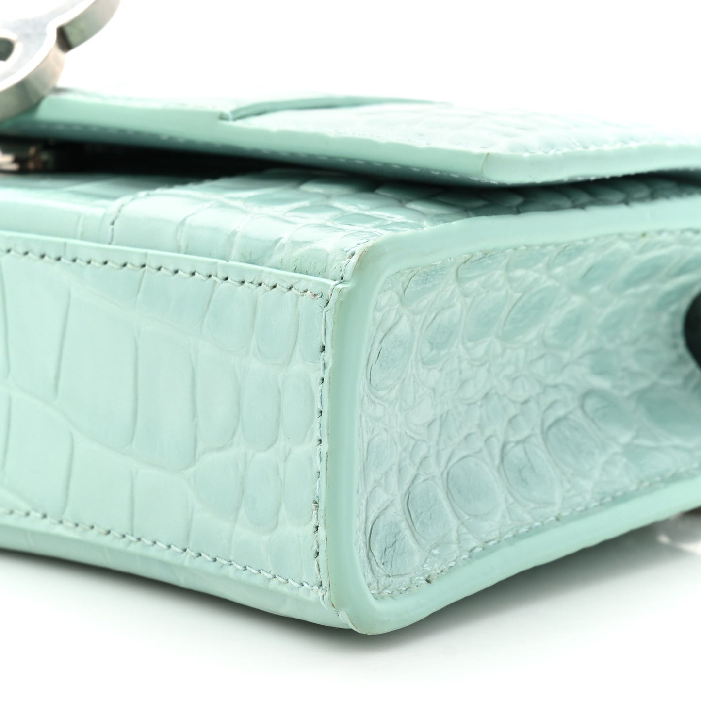 Shiny Calfskin Crocodile Embossed Hourglass Chain Bag Green Acqua