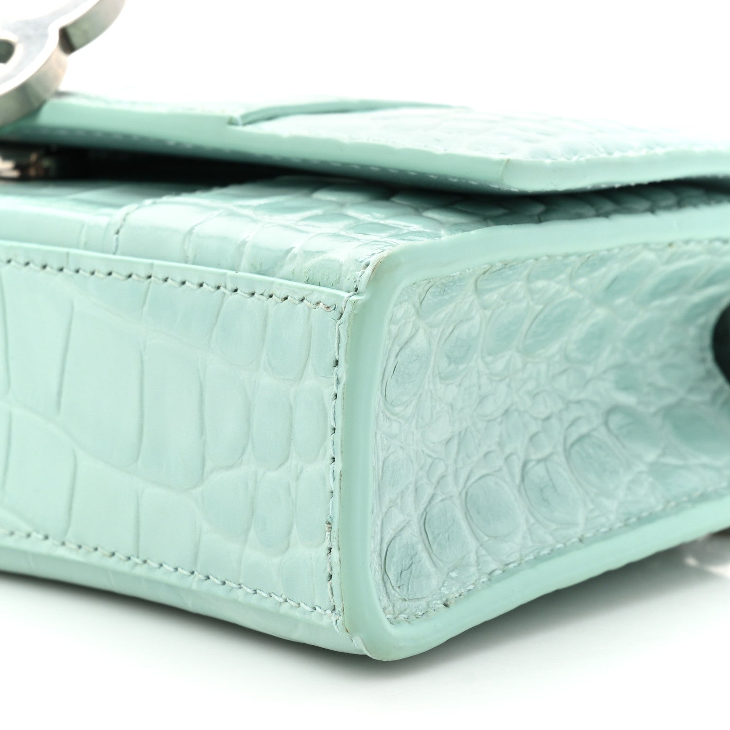 Balenciaga Shiny Calfskin Crocodile Embossed Hourglass Chain Bag Green Acqua 7 of 13