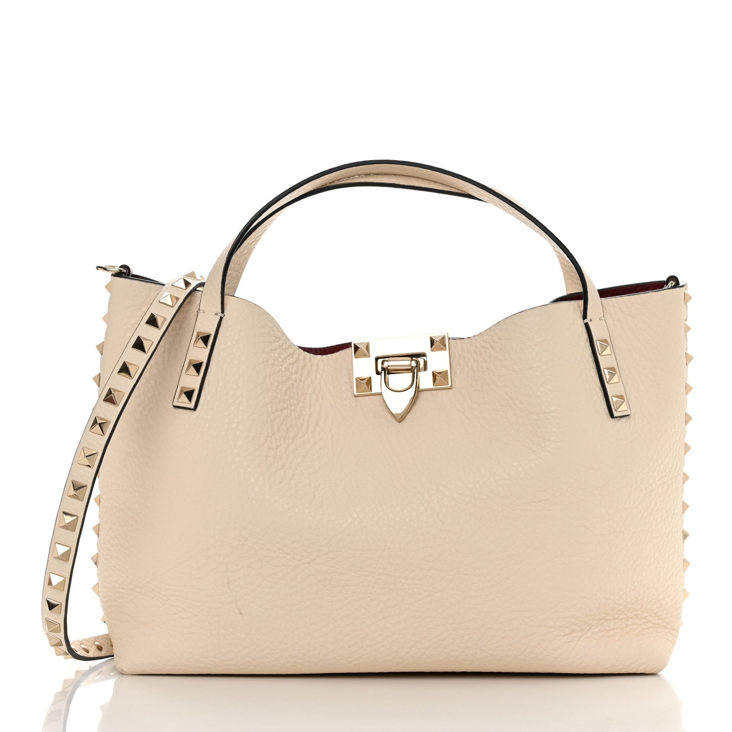 Grained Calfskin Small Rockstud Flip Lock Tote Light Ivory Rubino