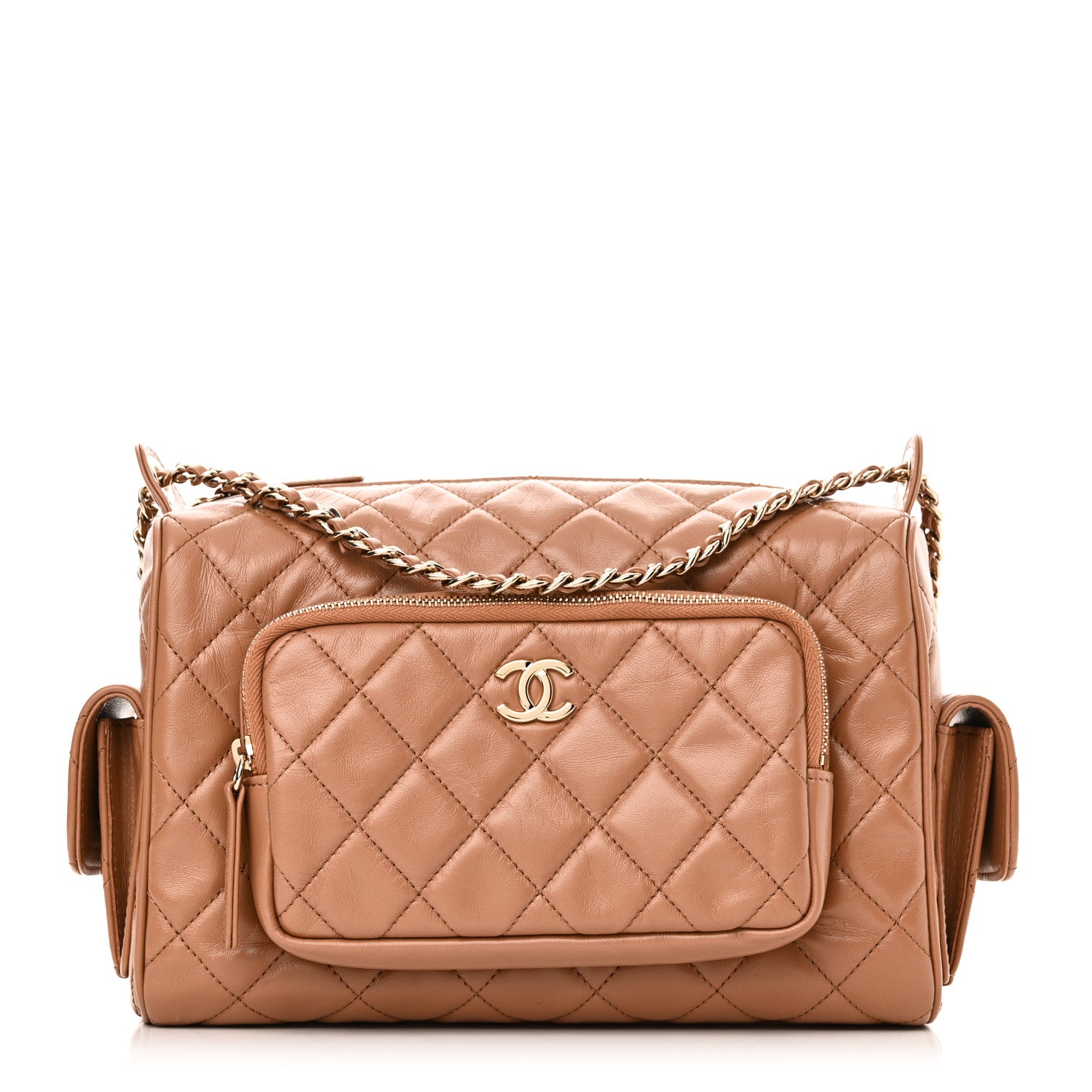 Chanel Shiny Crumpled Lambskin Quilted Medium Preppy Pocket Camera Case Brown 1 of 9