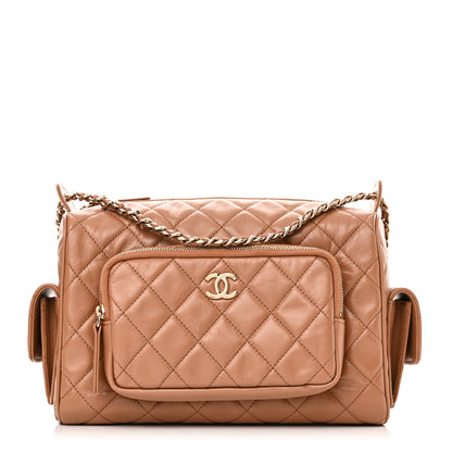 Chanel Shiny Crumpled Lambskin Quilted Medium Preppy Pocket Camera Case Brown 1 of 9