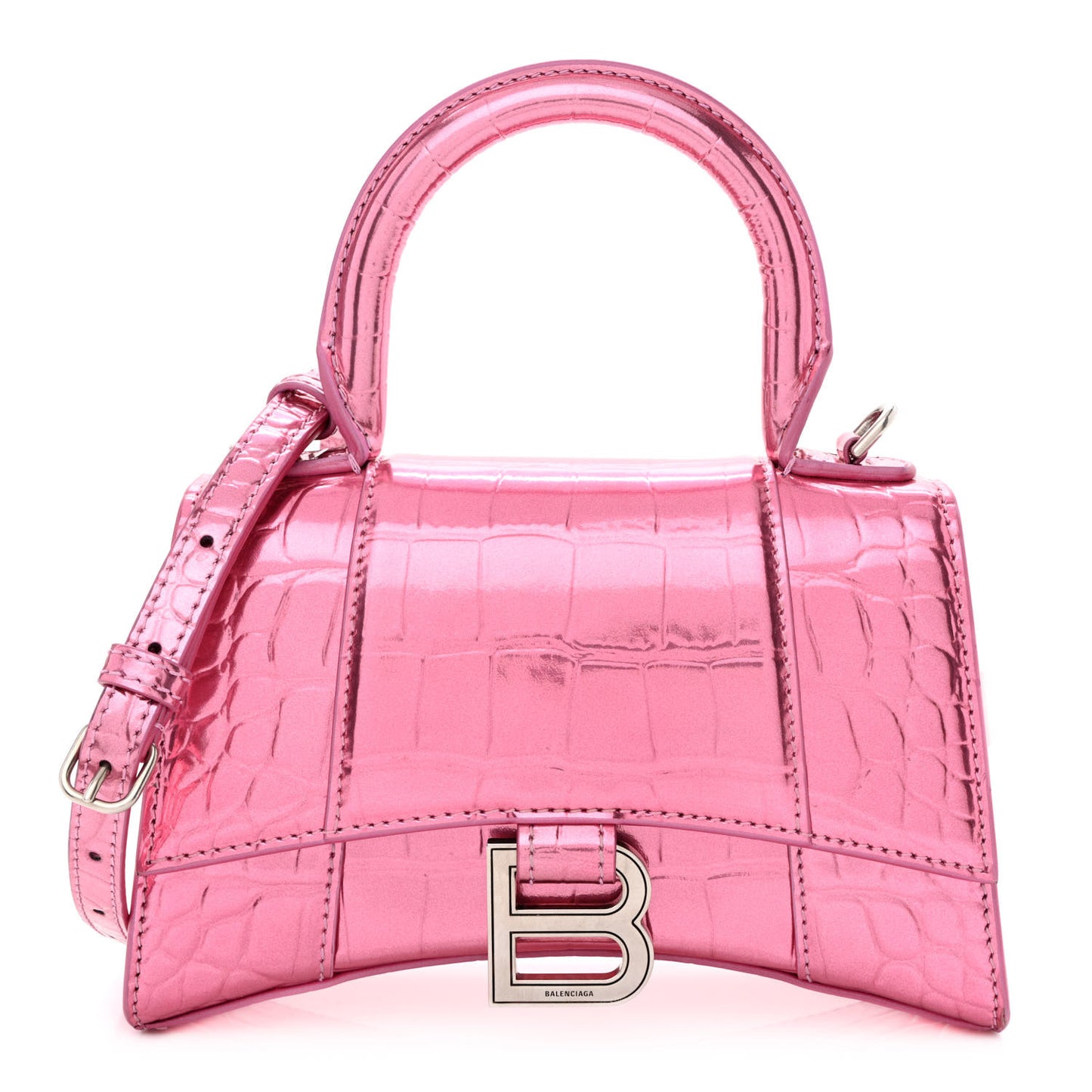 Metallic Shiny Calfskin Crocodile Embossed Hourglass Top Handle Bag XS Pink