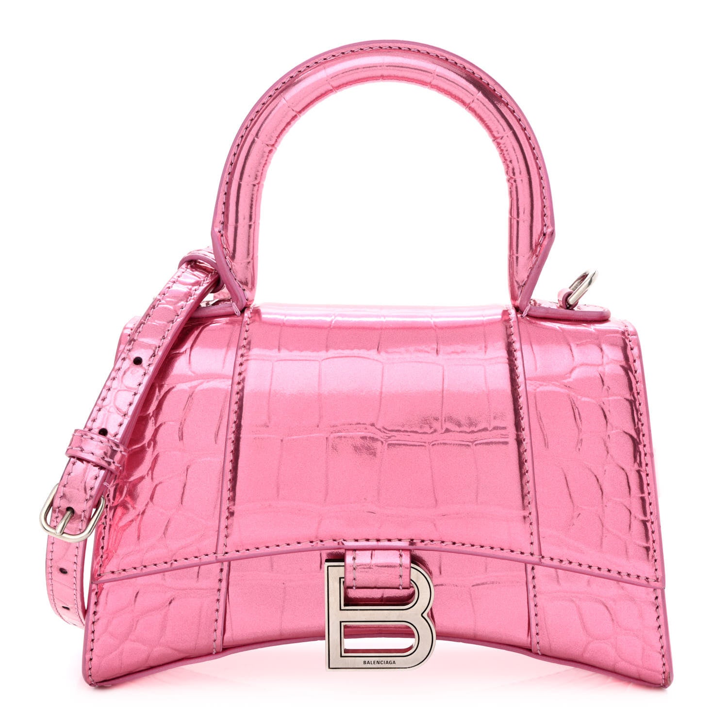 Balenciaga Metallic Shiny Calfskin Crocodile Embossed Hourglass Top Handle Bag XS Pink 1 of 11