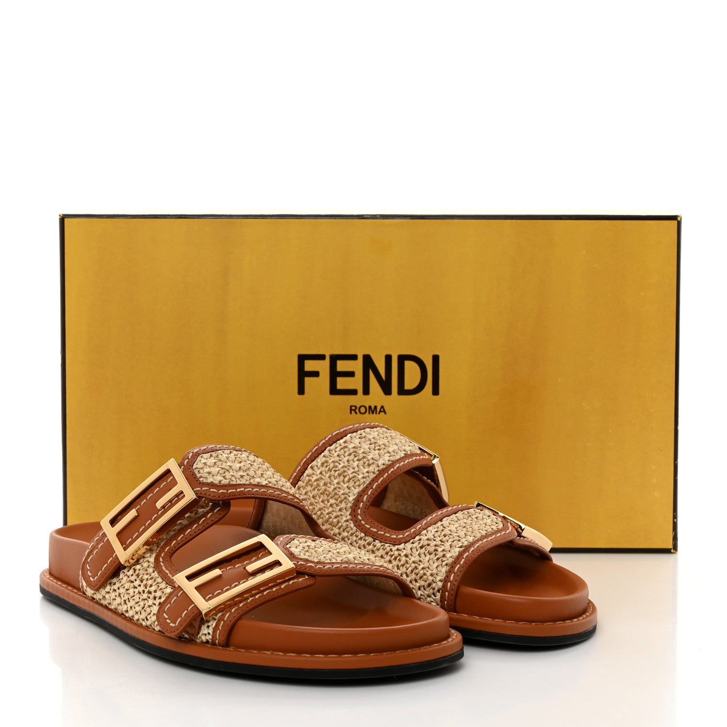 Fendi Raffia Vitello Womens Fendi Feel Buckled Slide Sandals 37.5 Paglia Brandy 8 of 8