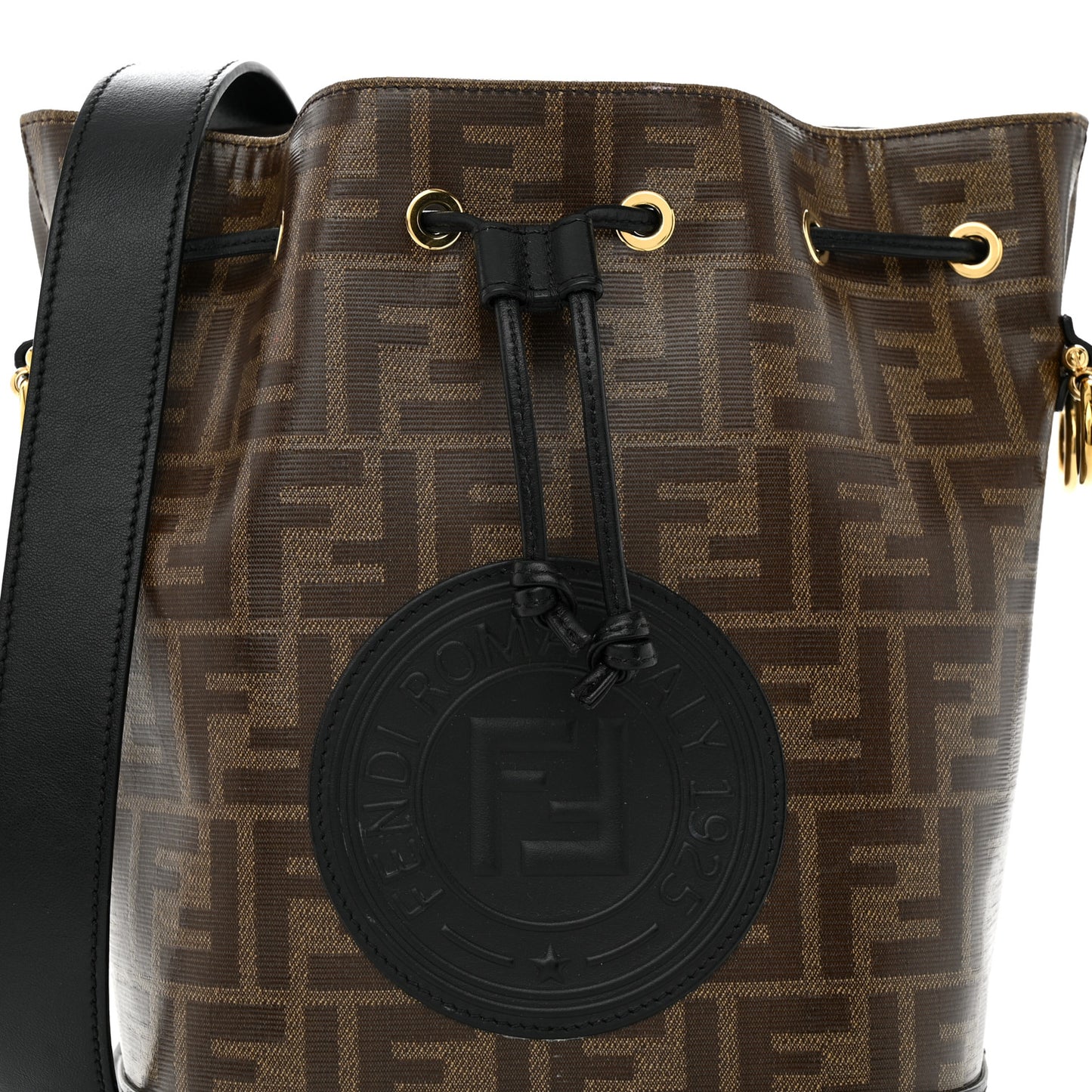 Glazed Fabric Vitello Grace F is Fendi FF 1974 Stamp Patch Grande Mon Tresor Bucket Bag Mogano Panna Black