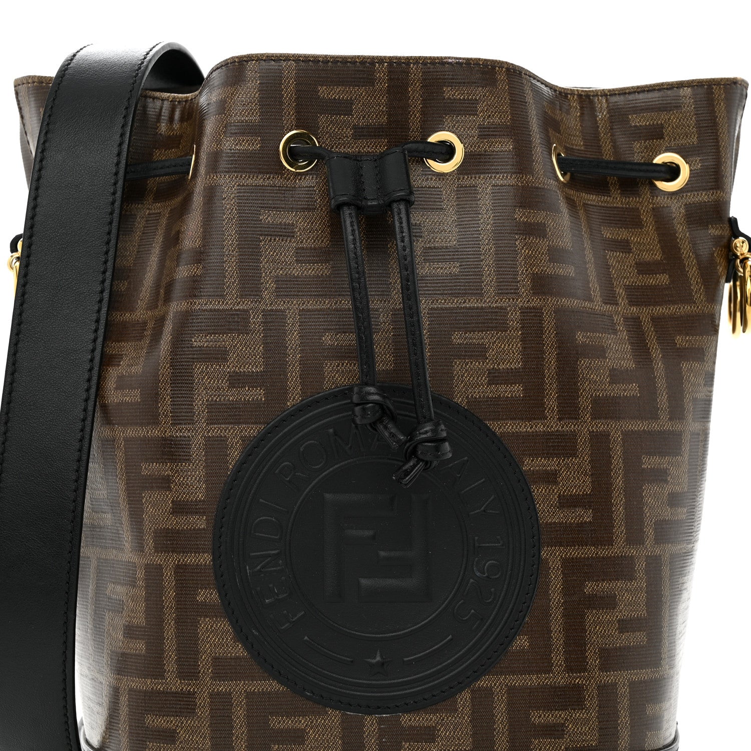 Fendi Glazed Fabric Vitello Grace F is Fendi FF 1974 Stamp Patch Grande Mon Tresor Bucket Bag Mogano Panna Black 8 of 11