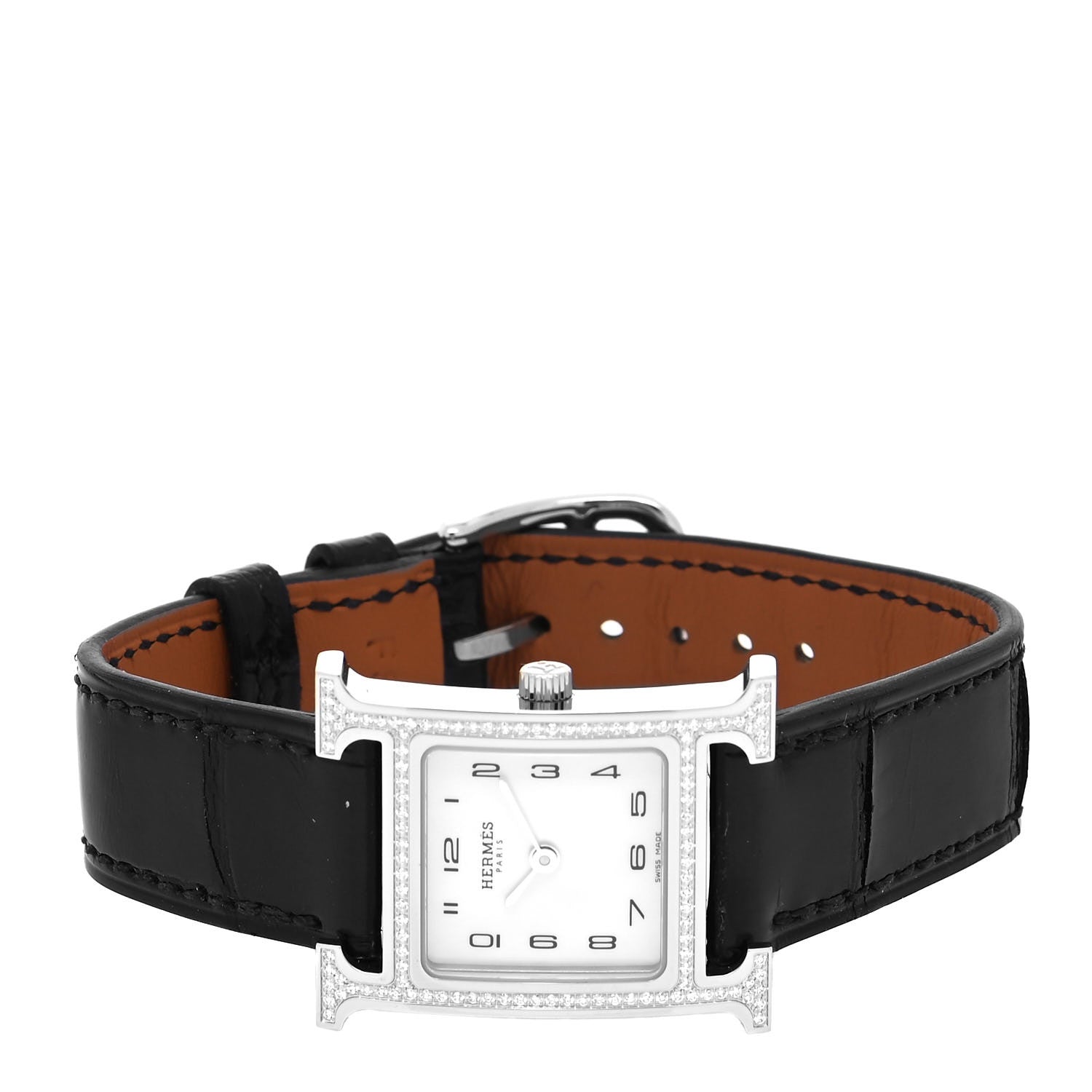 Hermes Stainless Steel Alligator Diamond Bezel Mother of Pearl 21mm Heure H Hour Quartz Watch Noir 2 of 5