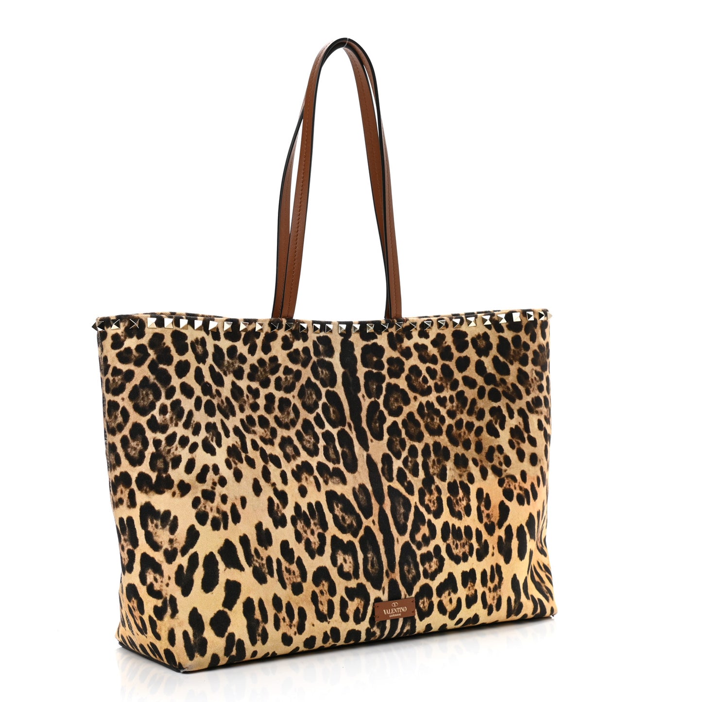 Canvas Nappa Leopard Print Rockstud Tote Brown