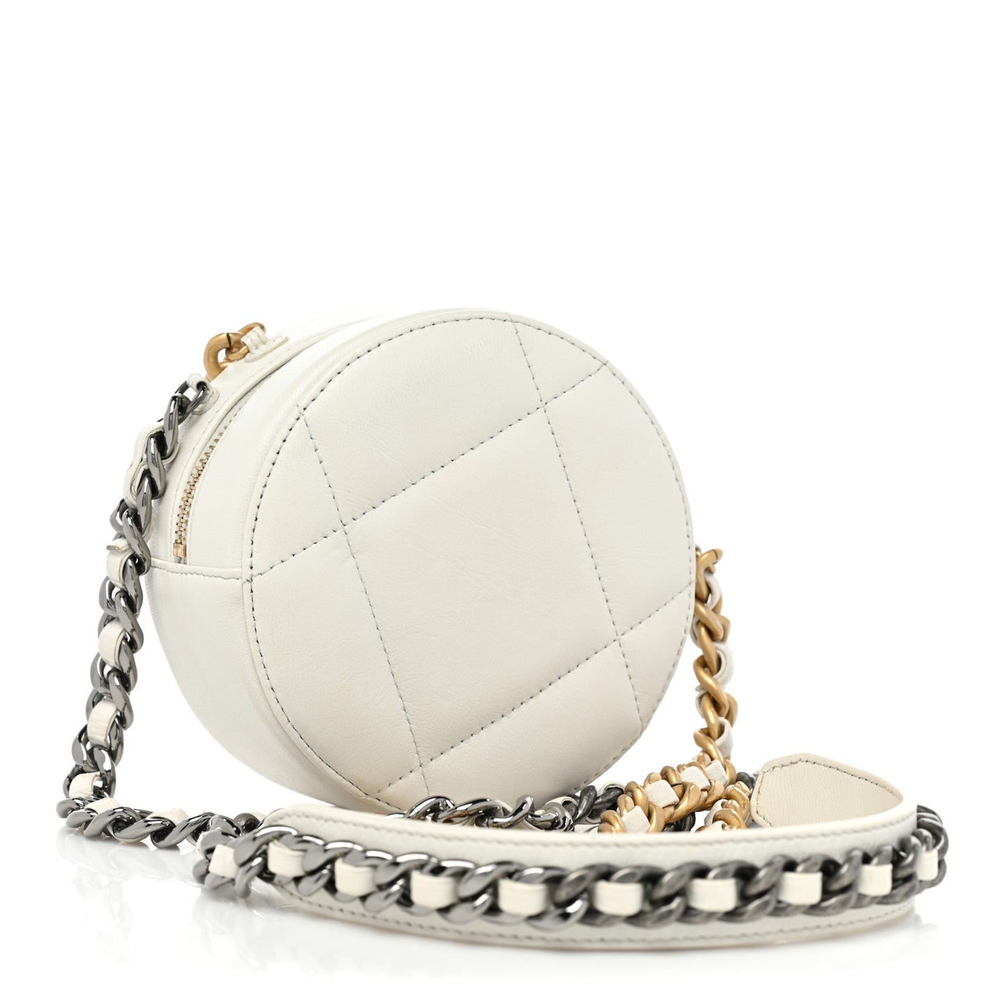 Goatskin Quilted Chanel 19 Round Clutch With Chain White