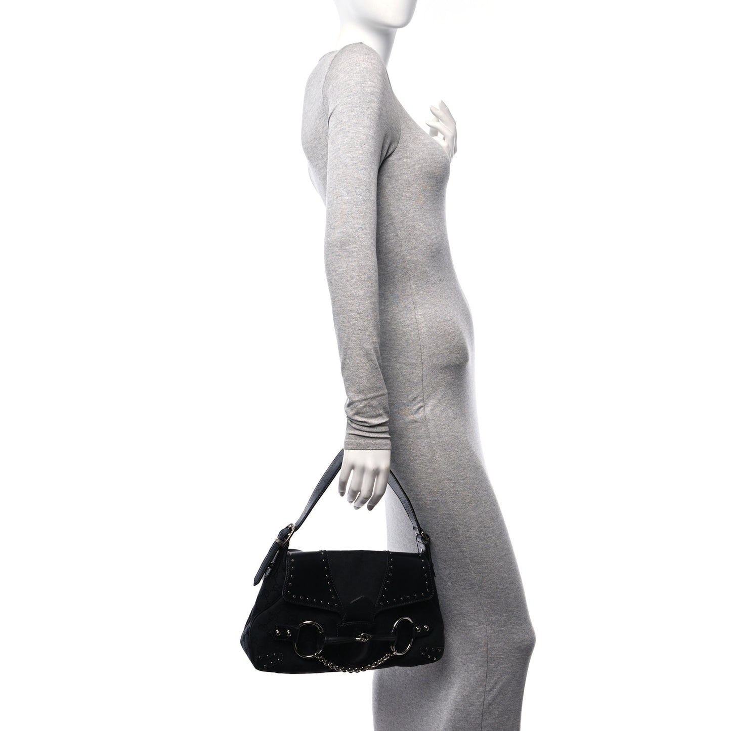 Monogram Horsebit Chain Studded Flap Shoulder Bag Black