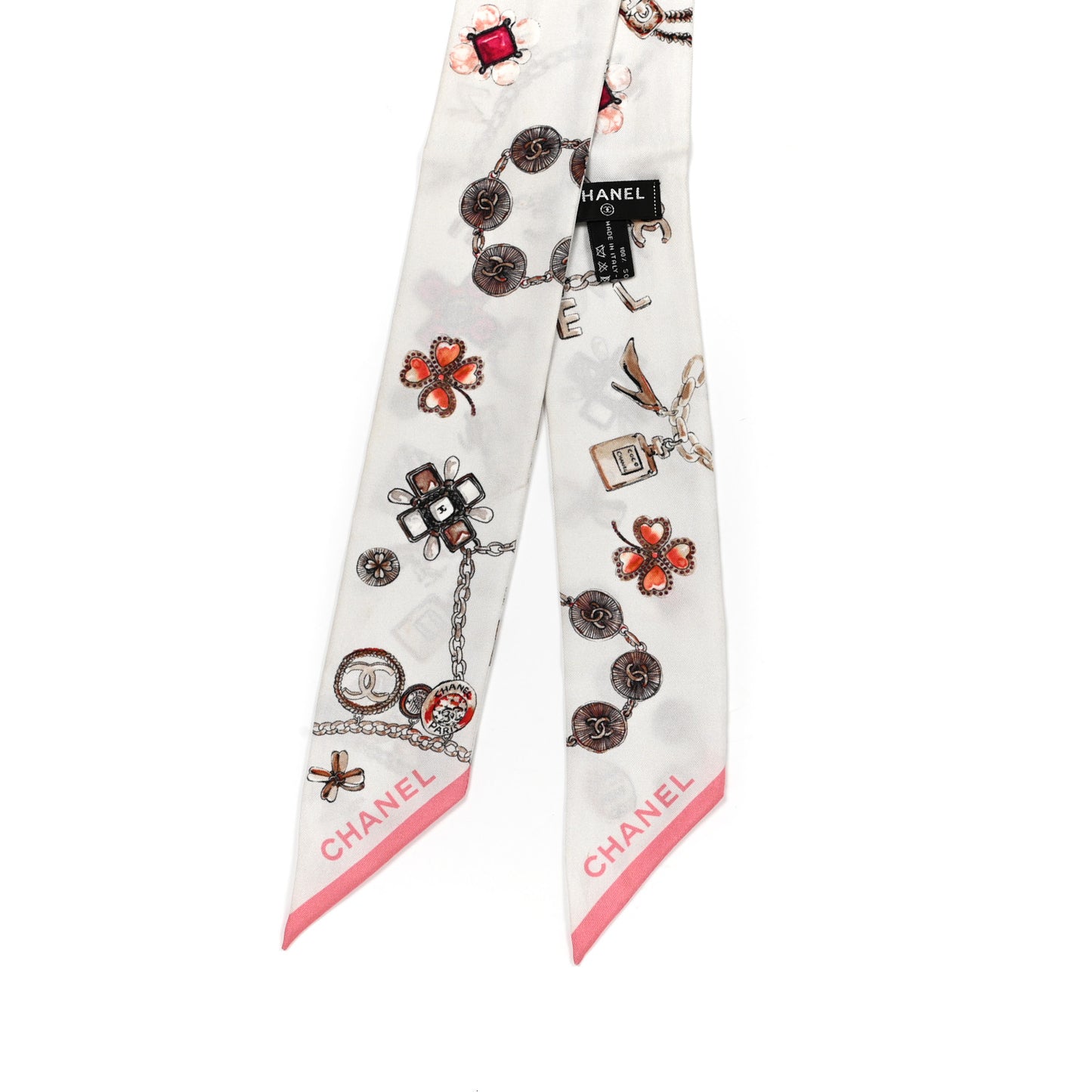 Silk CC Charms Slim Bandeau Scarf White Pink