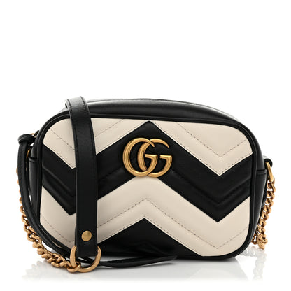 Gucci Calfskin Matelasse Mini GG Marmont Chain Shoulder Bag Black White 1 of 11