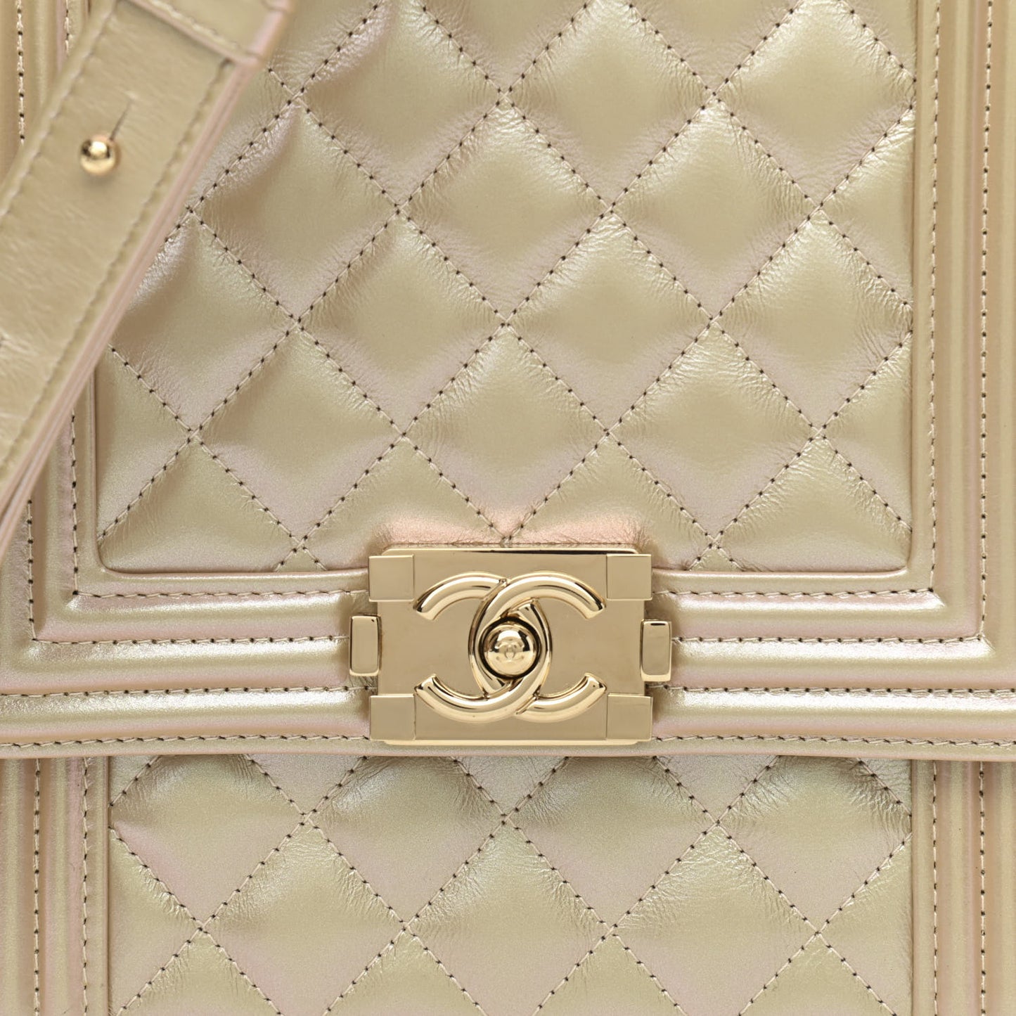 Iridescent Calfskin Quilted North South Boy Flap Beige