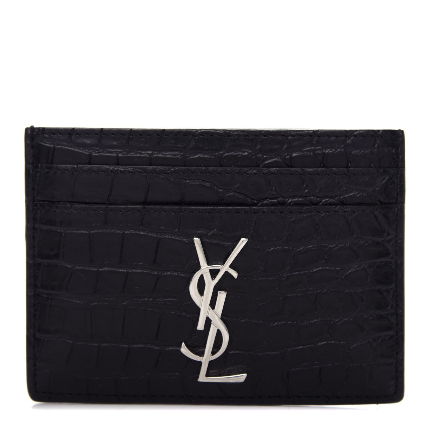 Saint Laurent Calfskin Crocodile Embossed Monogram Credit Card Case Black 1 of 7
