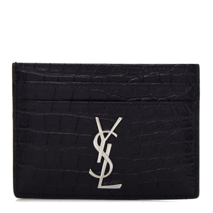 Saint Laurent Calfskin Crocodile Embossed Monogram Credit Card Case Black 1 of 7