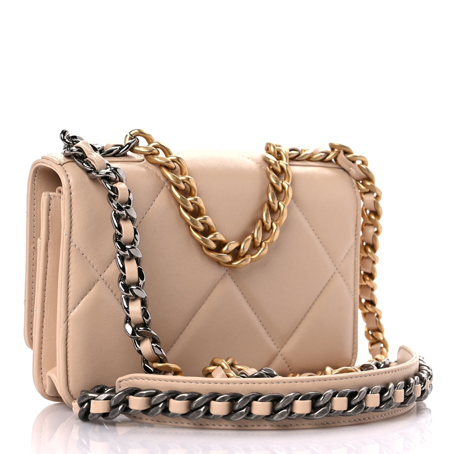 Lambskin Quilted Chanel 19 Wallet On Chain WOC Beige