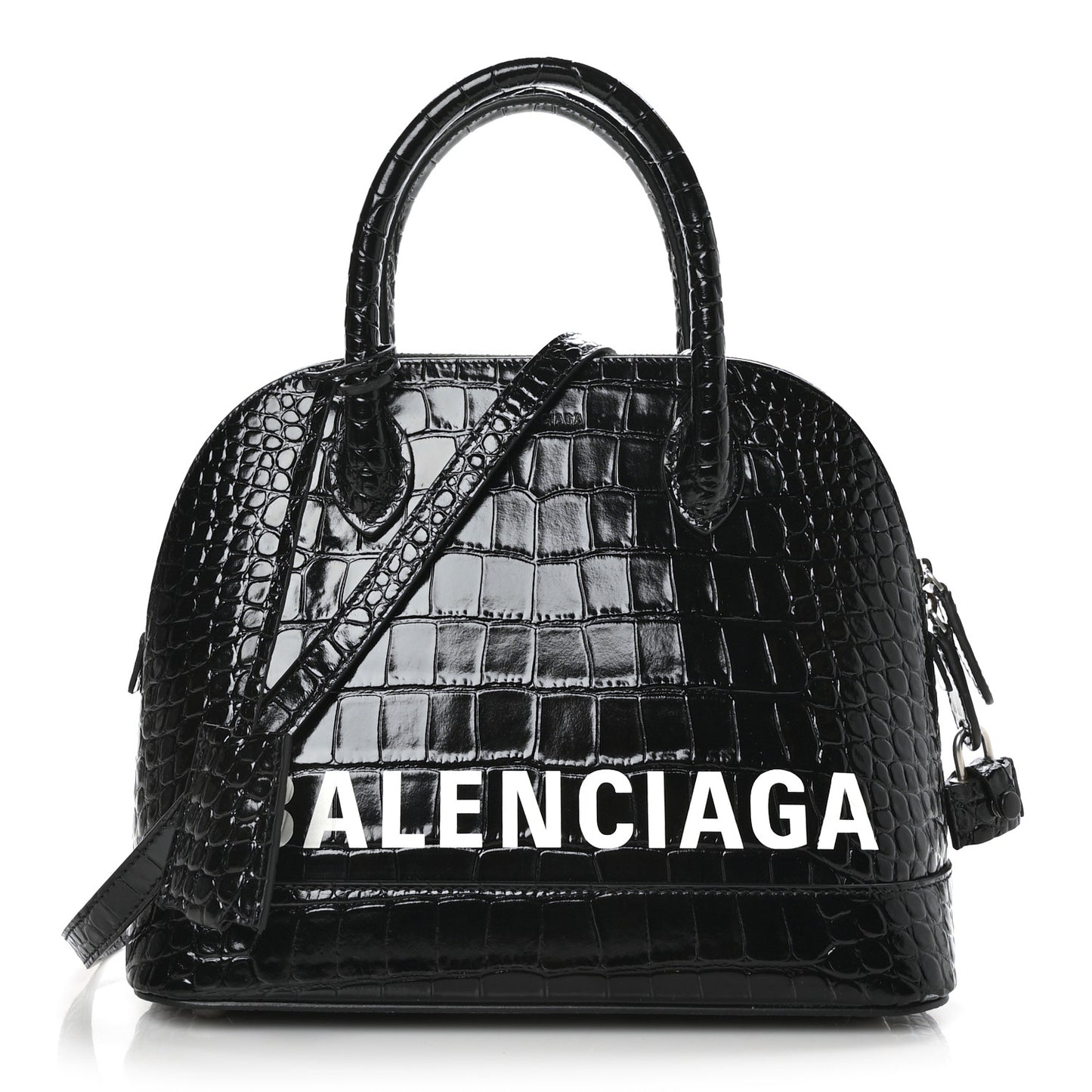 Shiny Calfskin Logo Crocodile Embossed S Ville Top Handle Bag Black White