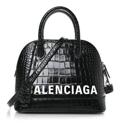 Balenciaga Shiny Calfskin Logo Crocodile Embossed S Ville Top Handle Bag Black White 1 of 7