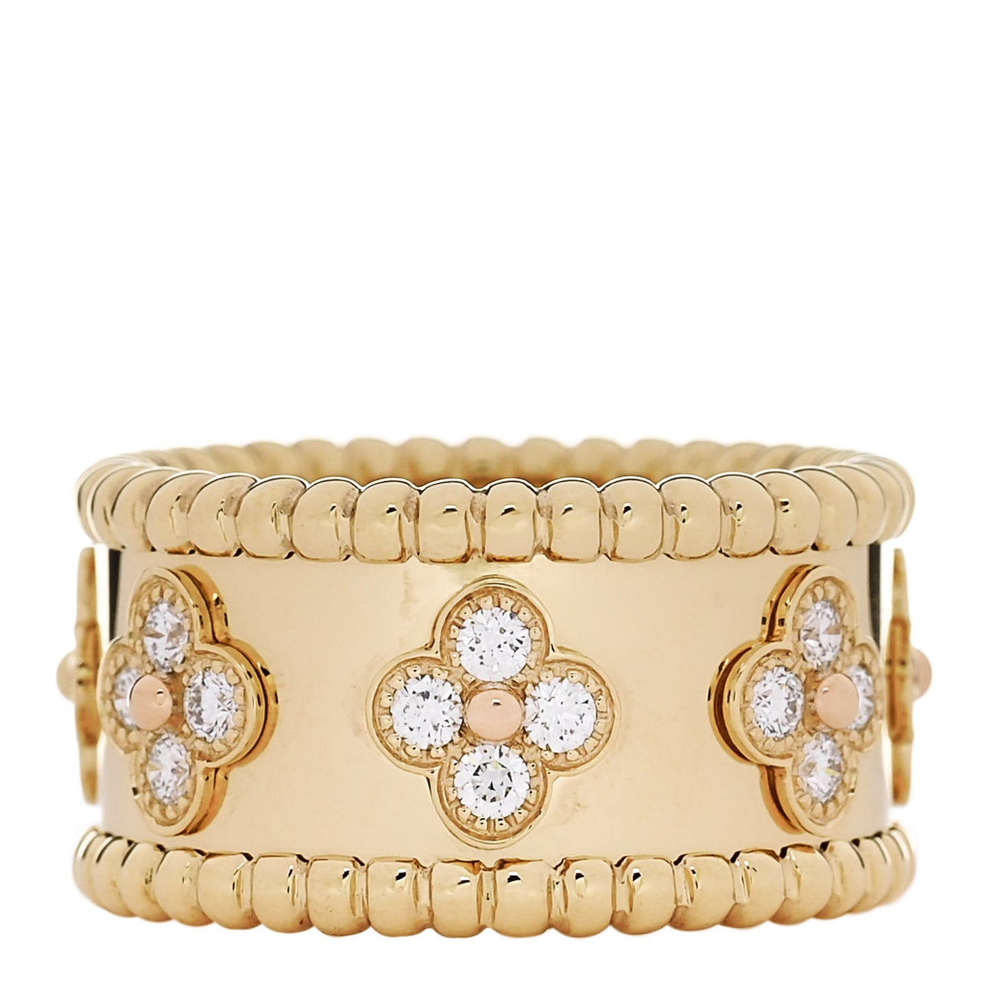 18K Yellow Gold Diamond Perlee Clovers Ring 50 5.5