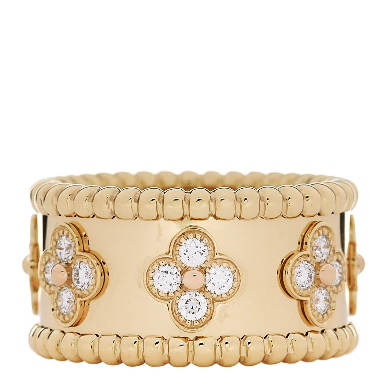 Van Cleef & Arpels 18K Yellow Gold Diamond Perlee Clovers Ring 50 5.5 1 of 4