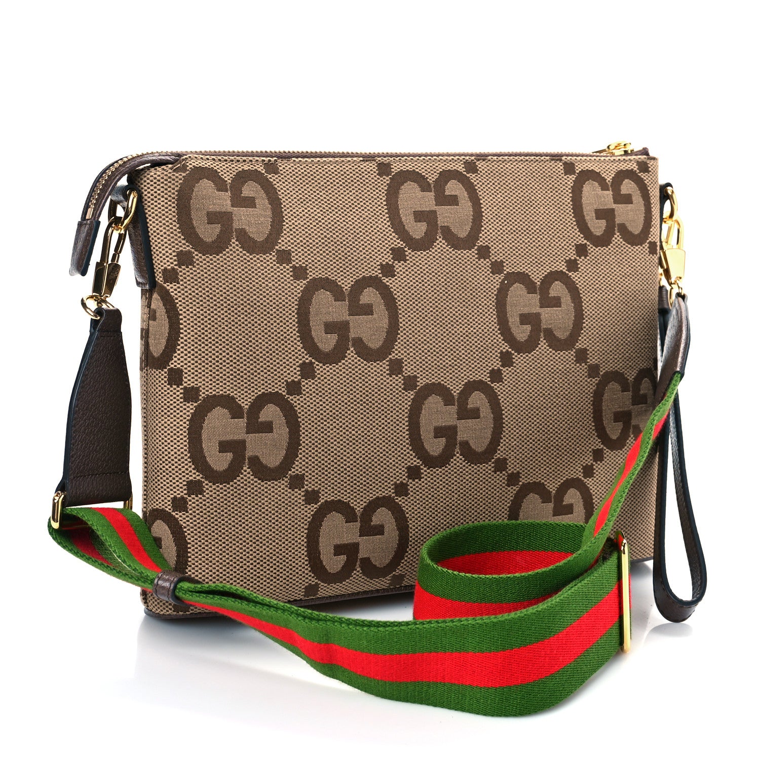 Gucci Monogram Jumbo GG Textured Dollar Calfskin Web Wristlet Messenger Bag Camel Ebony New Acero 3 of 8
