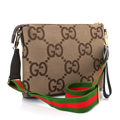 Gucci Monogram Jumbo GG Textured Dollar Calfskin Web Wristlet Messenger Bag Camel Ebony New Acero 3 of 8