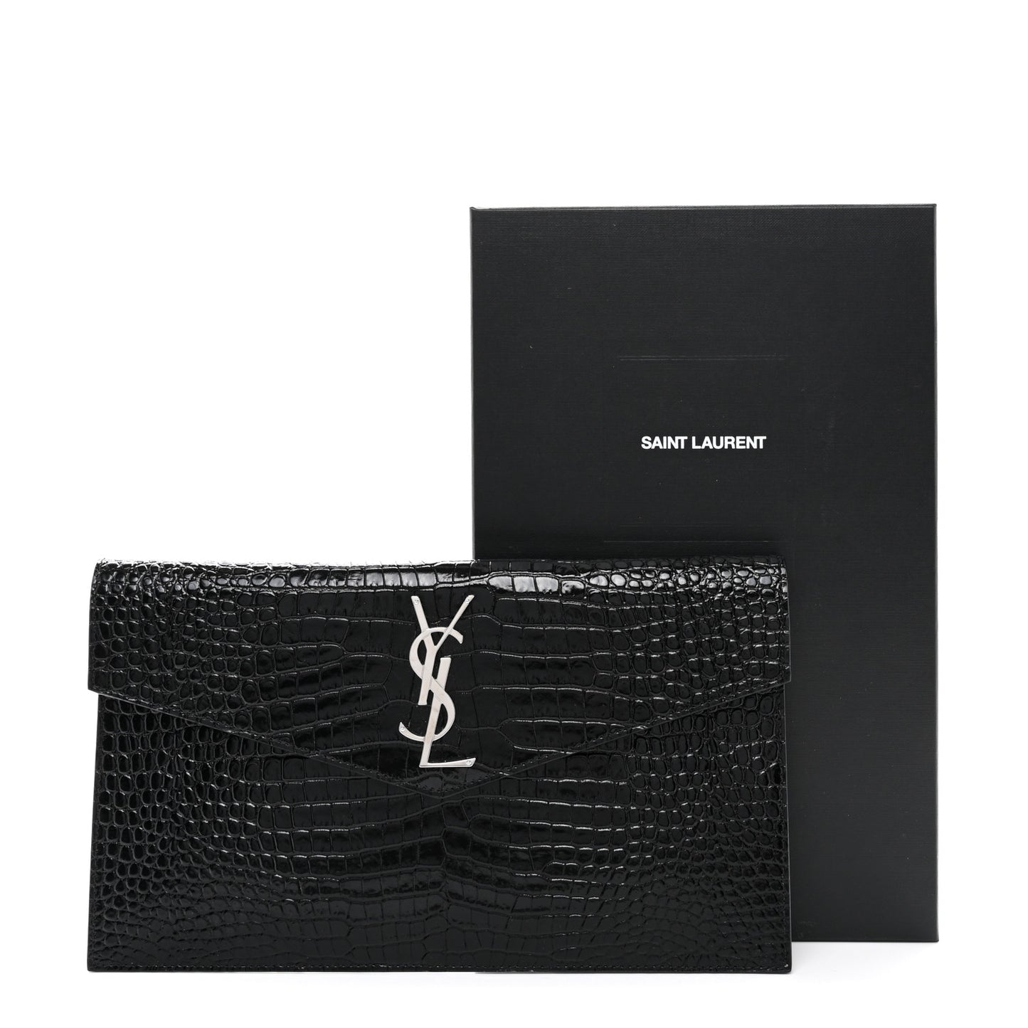 Calfskin Crocodile Embossed Uptown Monogram Pouch Black