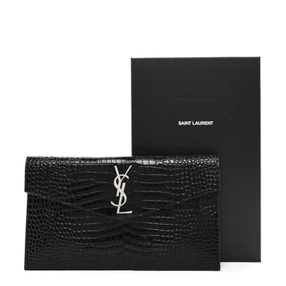 Saint Laurent Calfskin Crocodile Embossed Uptown Monogram Pouch Black 8 of 8