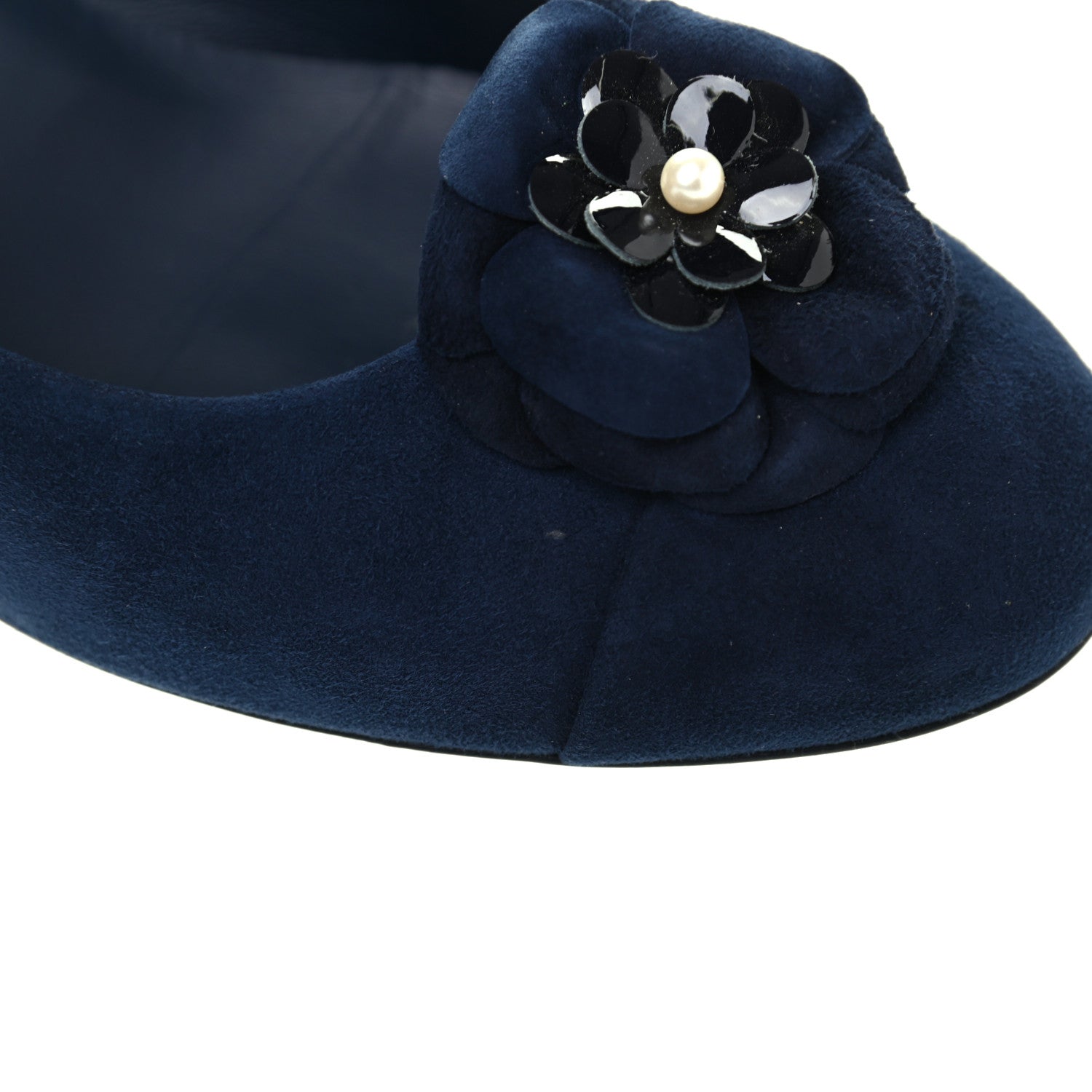 Chanel Kid Suede Pearl Camellia Cap Toe Pumps 38 Navy 10 of 12