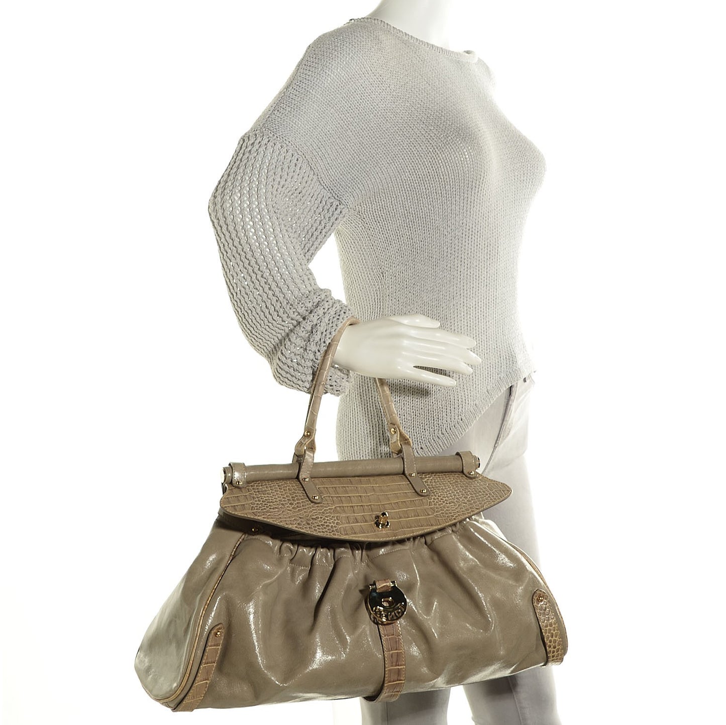 Calfskin Crocodile Embossed Large Magic Bag Beige