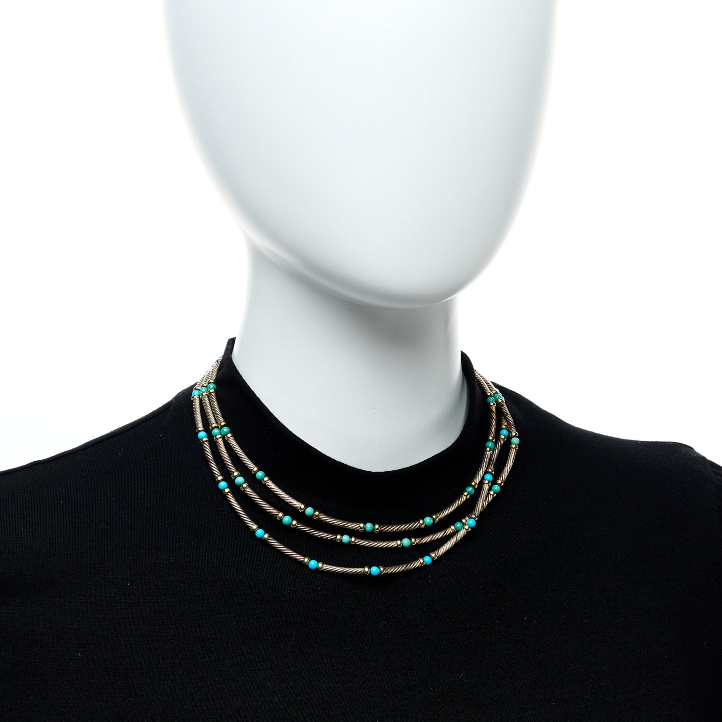 Sterling Silver 14K Yellow Gold Turquoise Three Row Cable Choker Necklace
