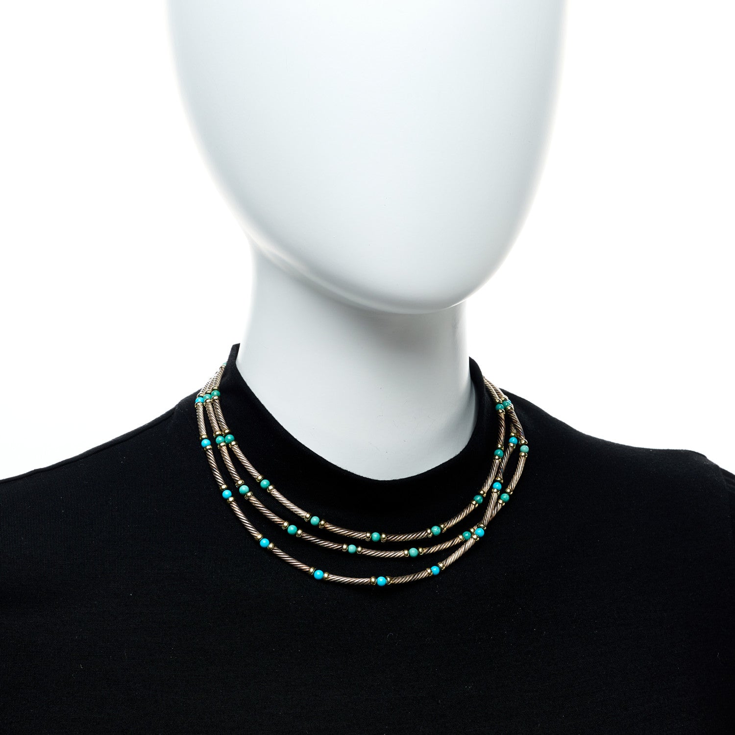 David Yurman Sterling Silver 14K Yellow Gold Turquoise Three Row Cable Choker Necklace 2 of 4