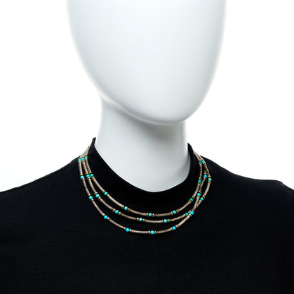 David Yurman Sterling Silver 14K Yellow Gold Turquoise Three Row Cable Choker Necklace 2 of 4