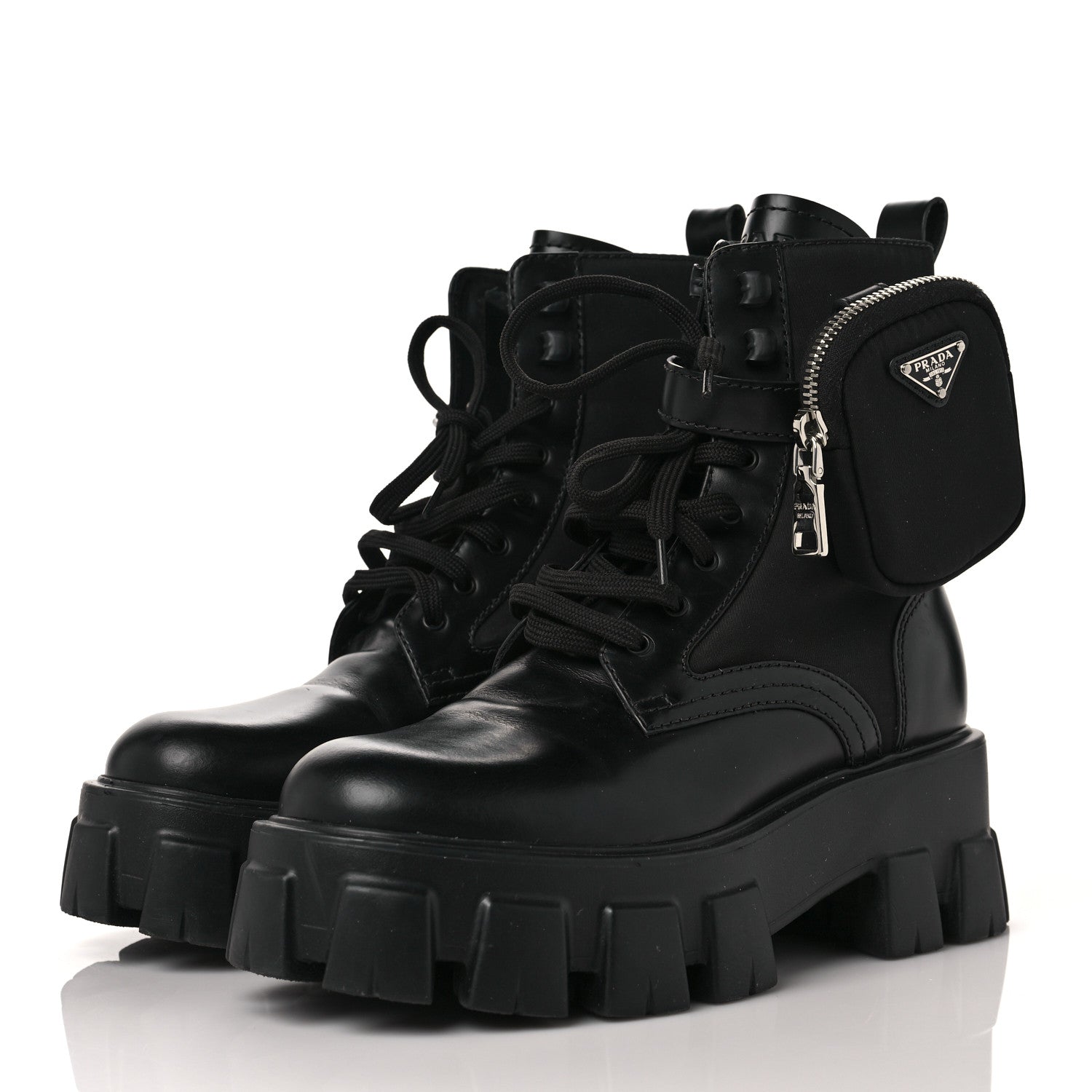 Prada Spazzolato Rois Nylon Metal Triangle Logo Monolith Pouch Pocket 55mm Boots 37 Black 3 of 8