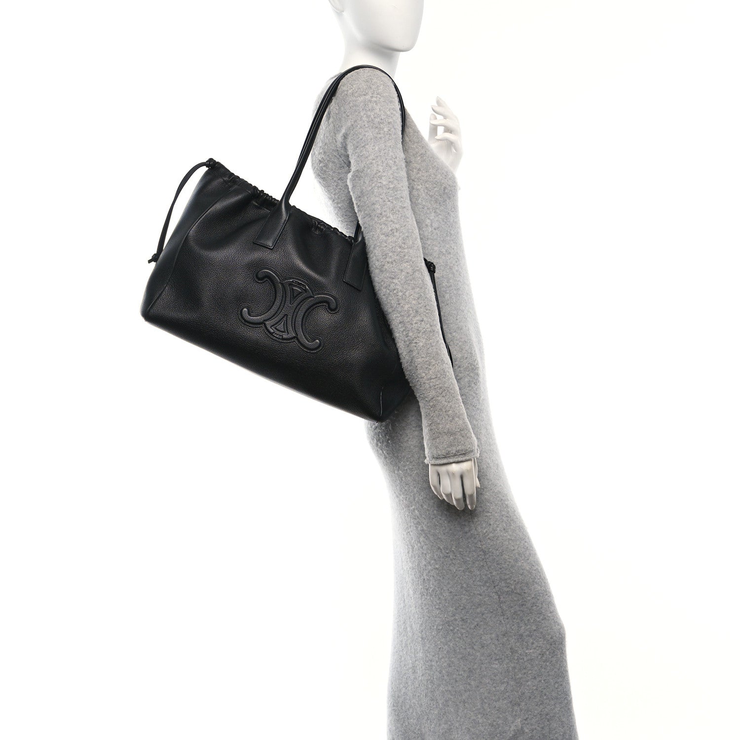 Celine Smooth Calfskin Cuir Triomphe Cabas Drawstring Black 2 of 10