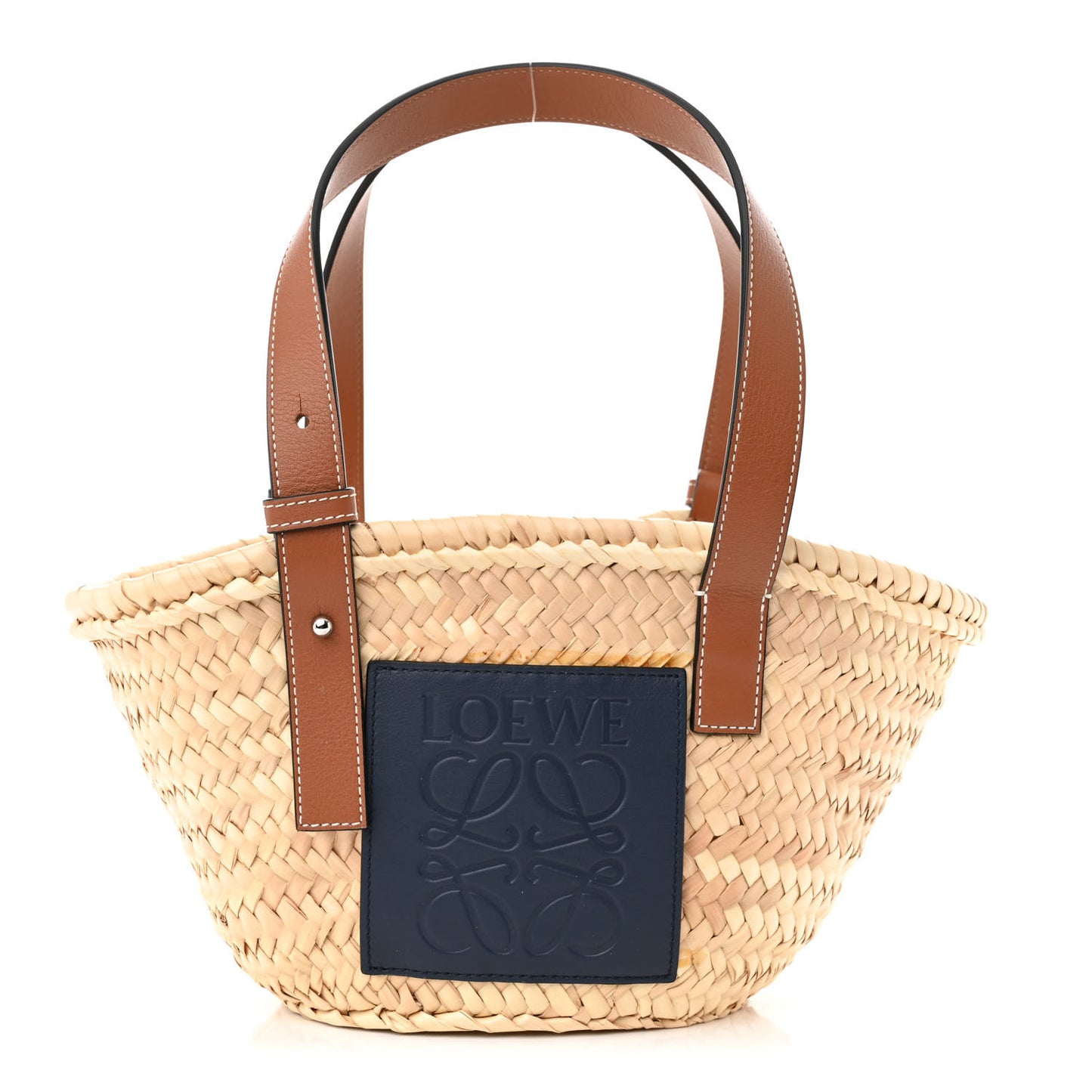 Raffia Small Basket Tote Bag Natural Tan Navy