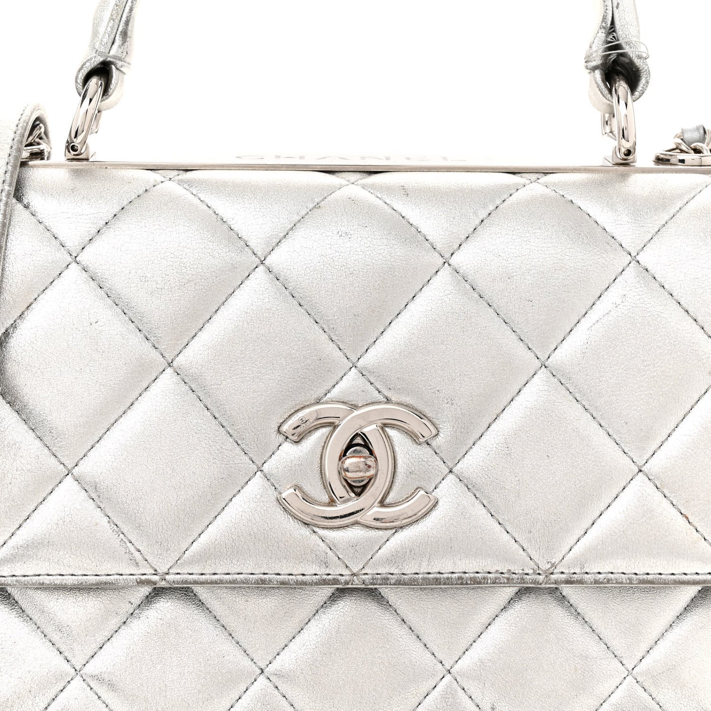 Metallic Lambskin Quilted Small Trendy CC Flap Dual Handle Bag Silver